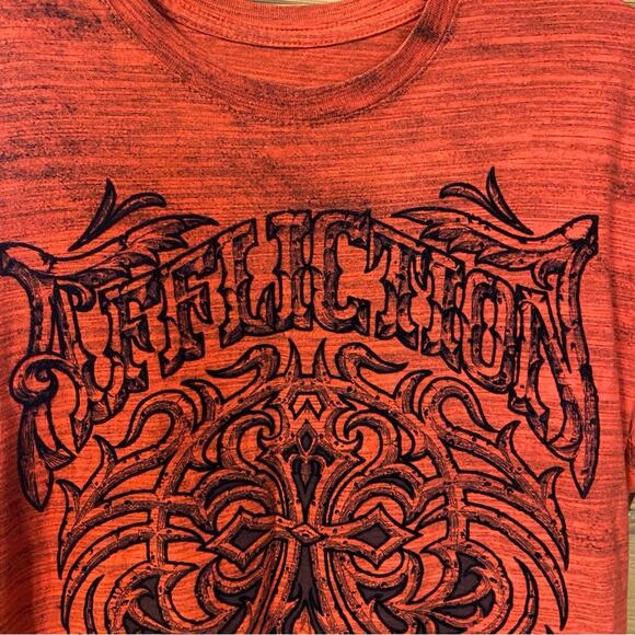 Affliction Men's Burnt Orange red Graphic Tee distressed biker tattoo MMA large - Picture 2 of 8